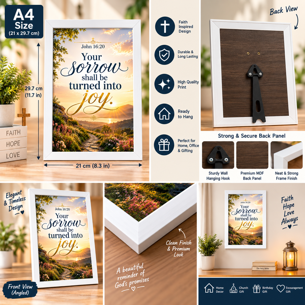 Bible Verse Frame – John 16:20 A4 – Sorrow Turned into Joy – White