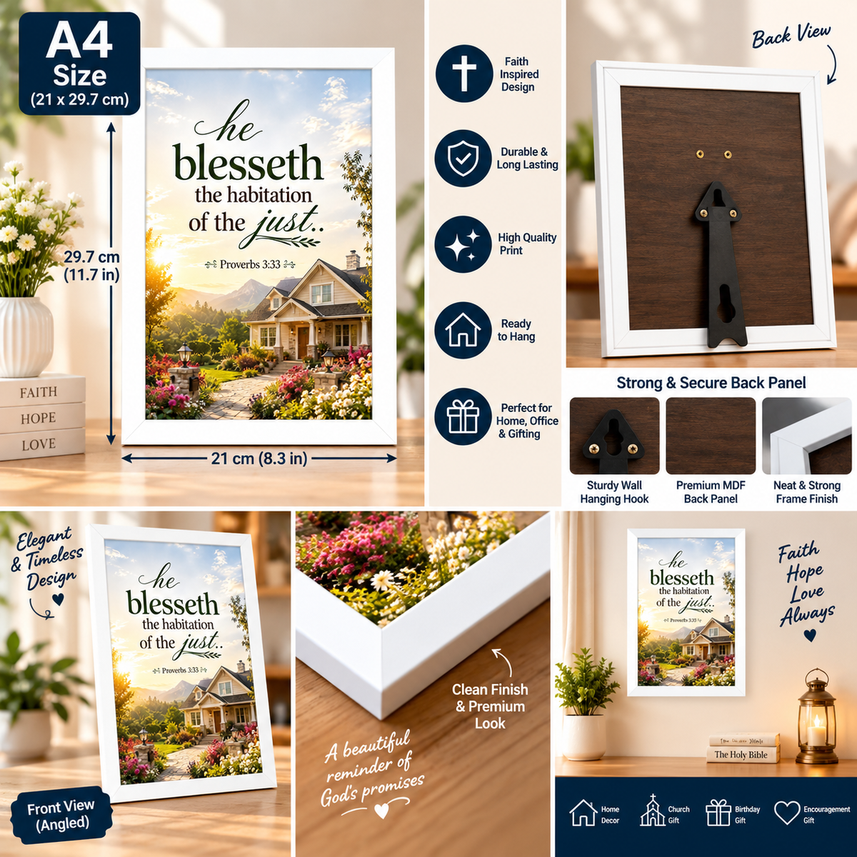 Bible Verse Frame – Proverbs 3:33 A4 – He Blesseth the Habitation – White