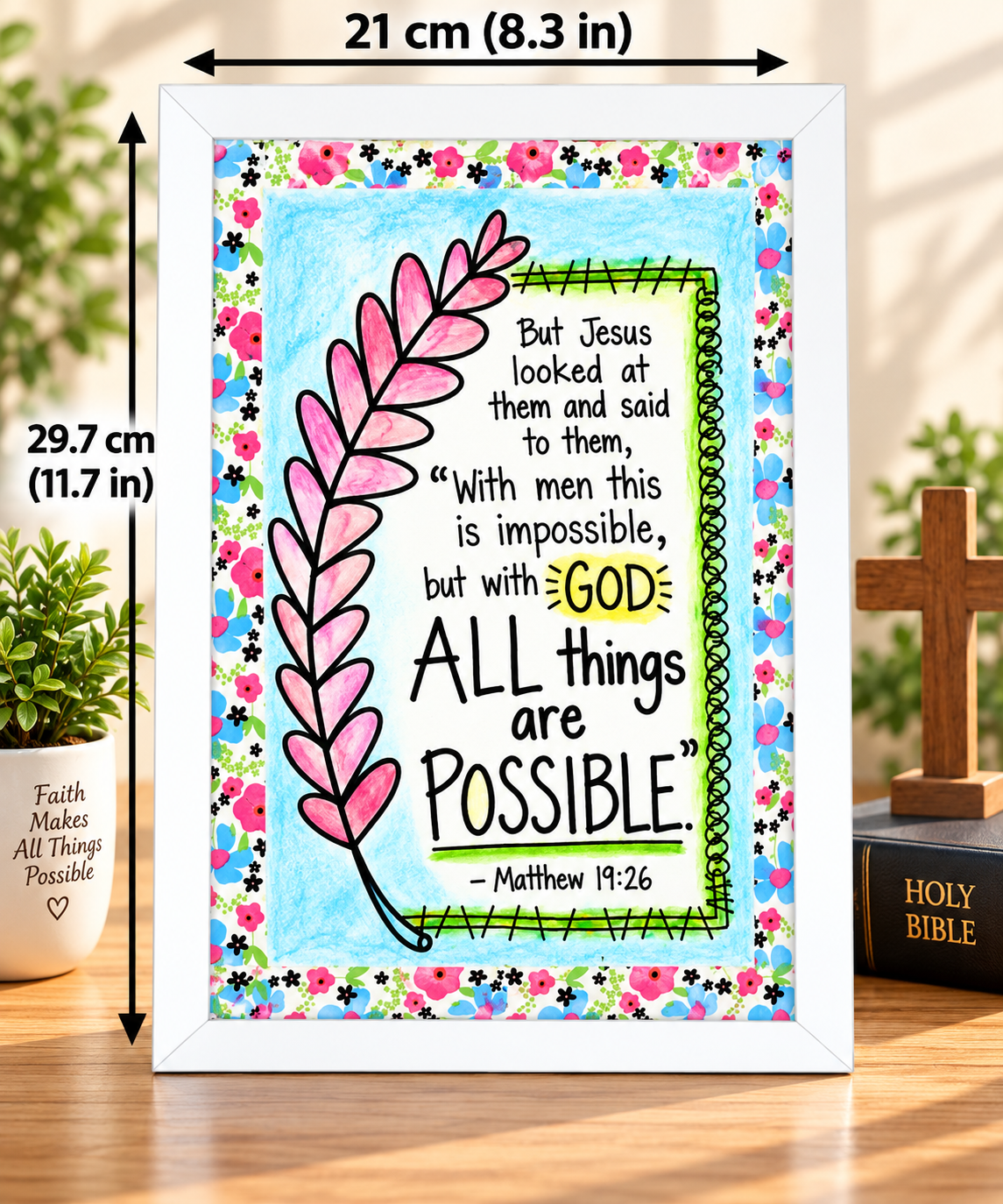 Bible Verse Frame – Matthew 19:26 – 21 × 29.7 cm – White