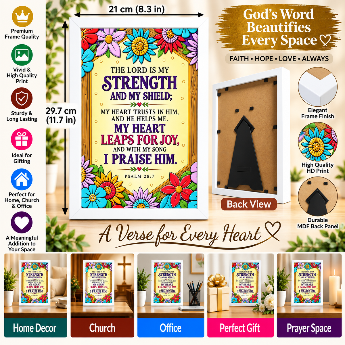 Bible Verse Frame – Psalm 28:7 – The Lord Is My Strength – A4