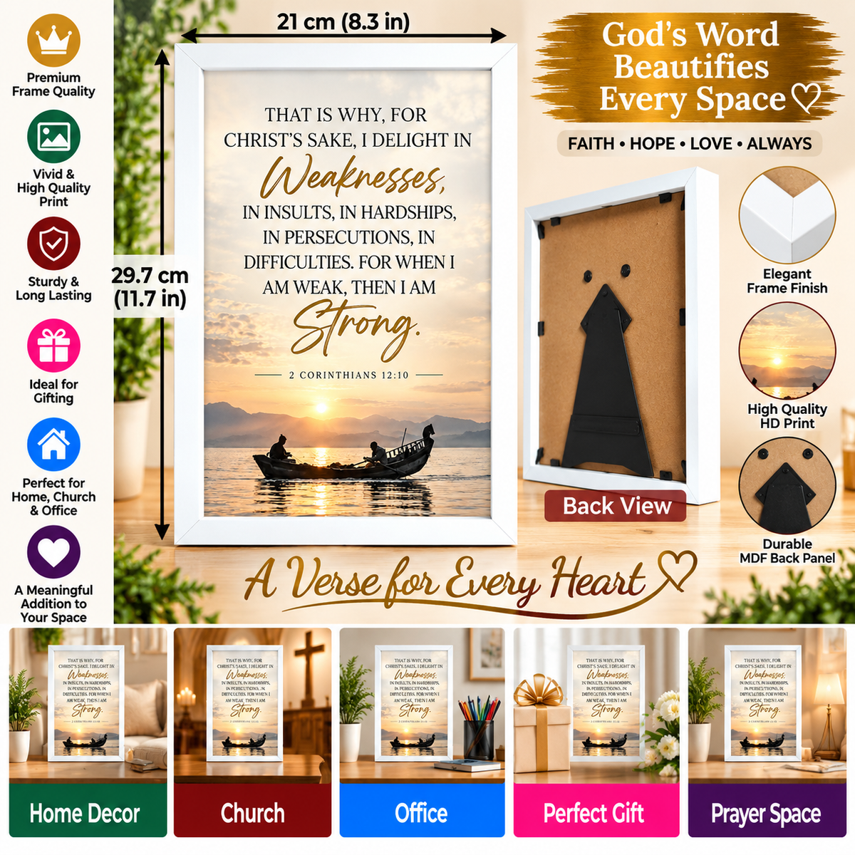 Bible Verse Frame – 2 Corinthians 12:10 White – A4