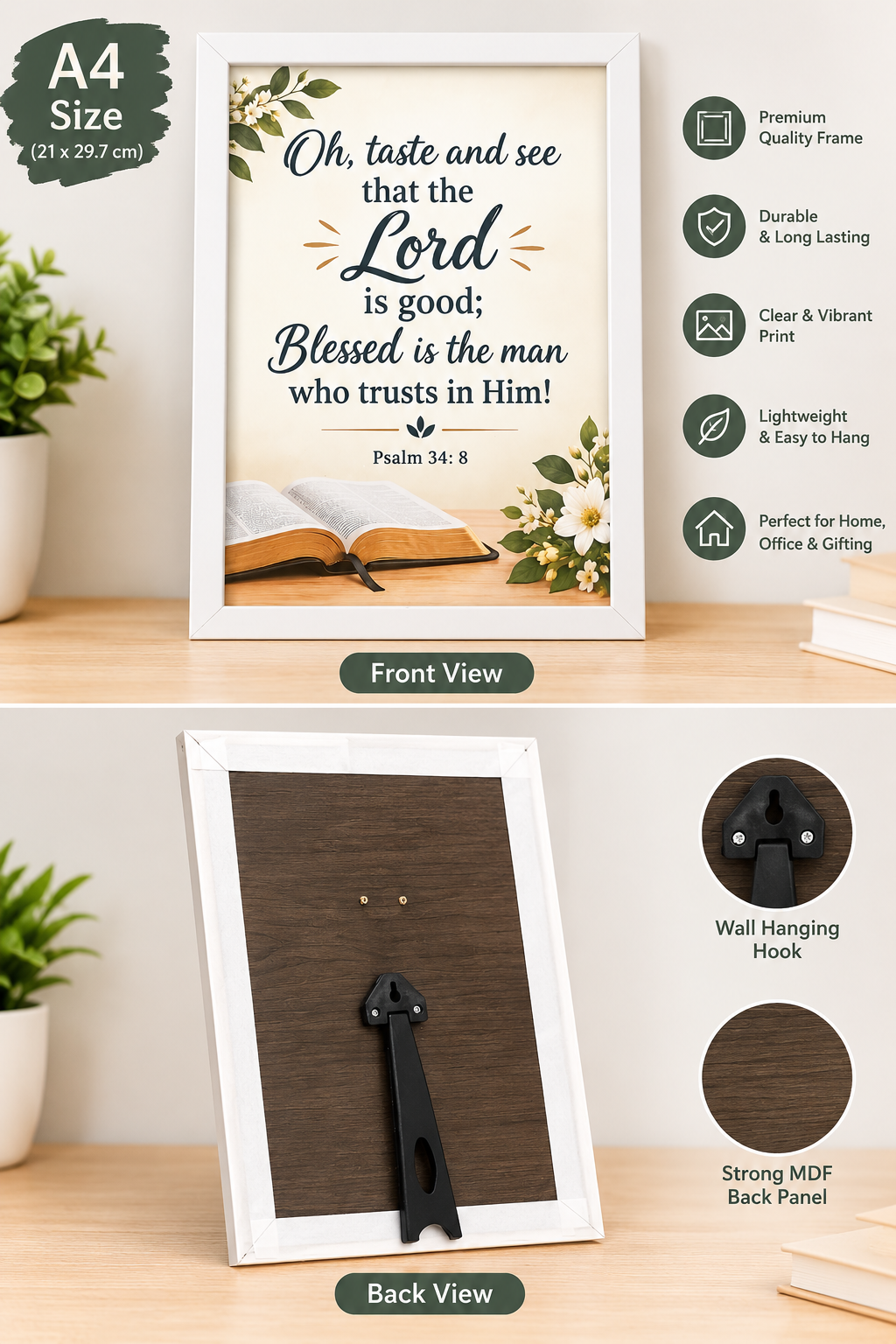 Bible Verse Frame – Psalm 34:8 A4 – White Christian Wall & Tabletop Decor