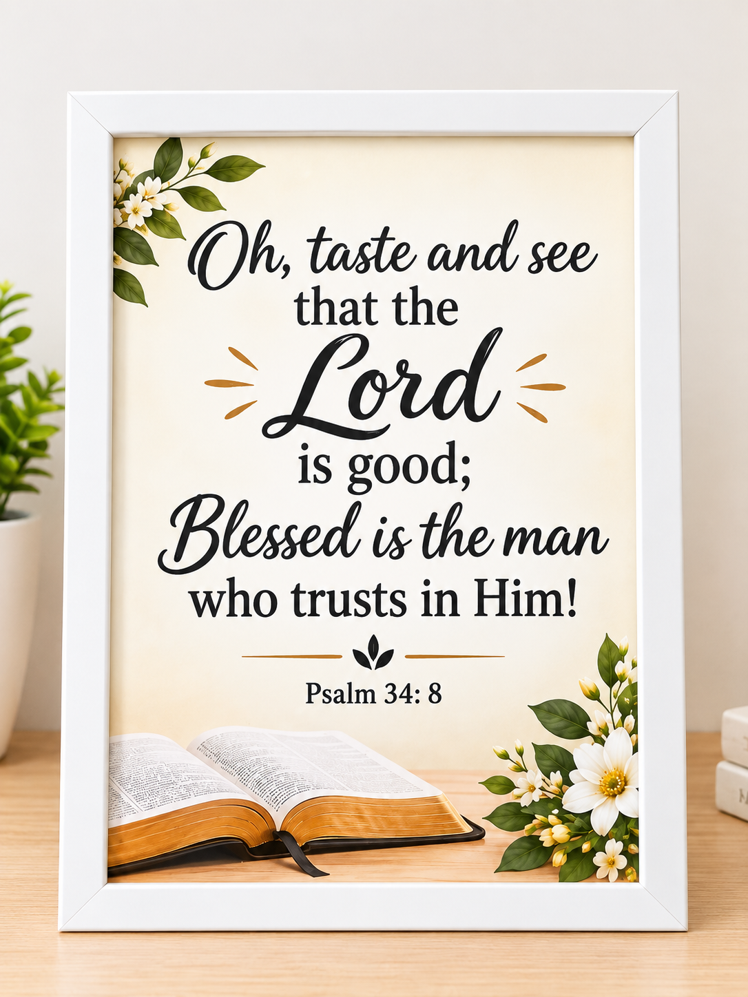 Bible Verse Frame – Psalm 34:8 A4 – White Christian Wall & Tabletop Decor