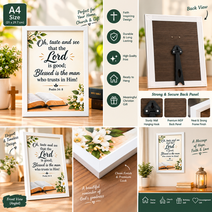 Bible Verse Frame – Psalm 34:8 A4 – White Christian Wall & Tabletop Decor