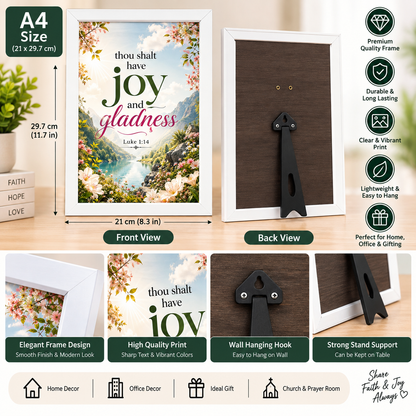 Bible Verse Frame – Luke 1:14 A4 – Joy and Gladness – White