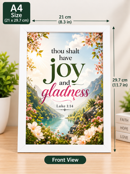 Bible Verse Frame – Luke 1:14 A4 – Joy and Gladness – White