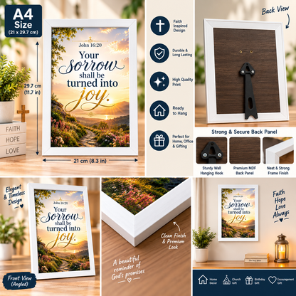 Bible Verse Frame – John 16:20 A4 – Sorrow Turned into Joy – White