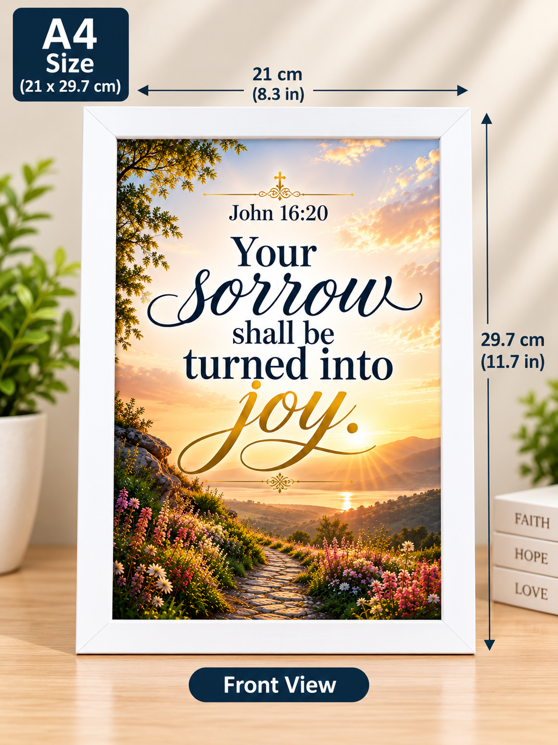 Bible Verse Frame – John 16:20 A4 – Sorrow Turned into Joy – White