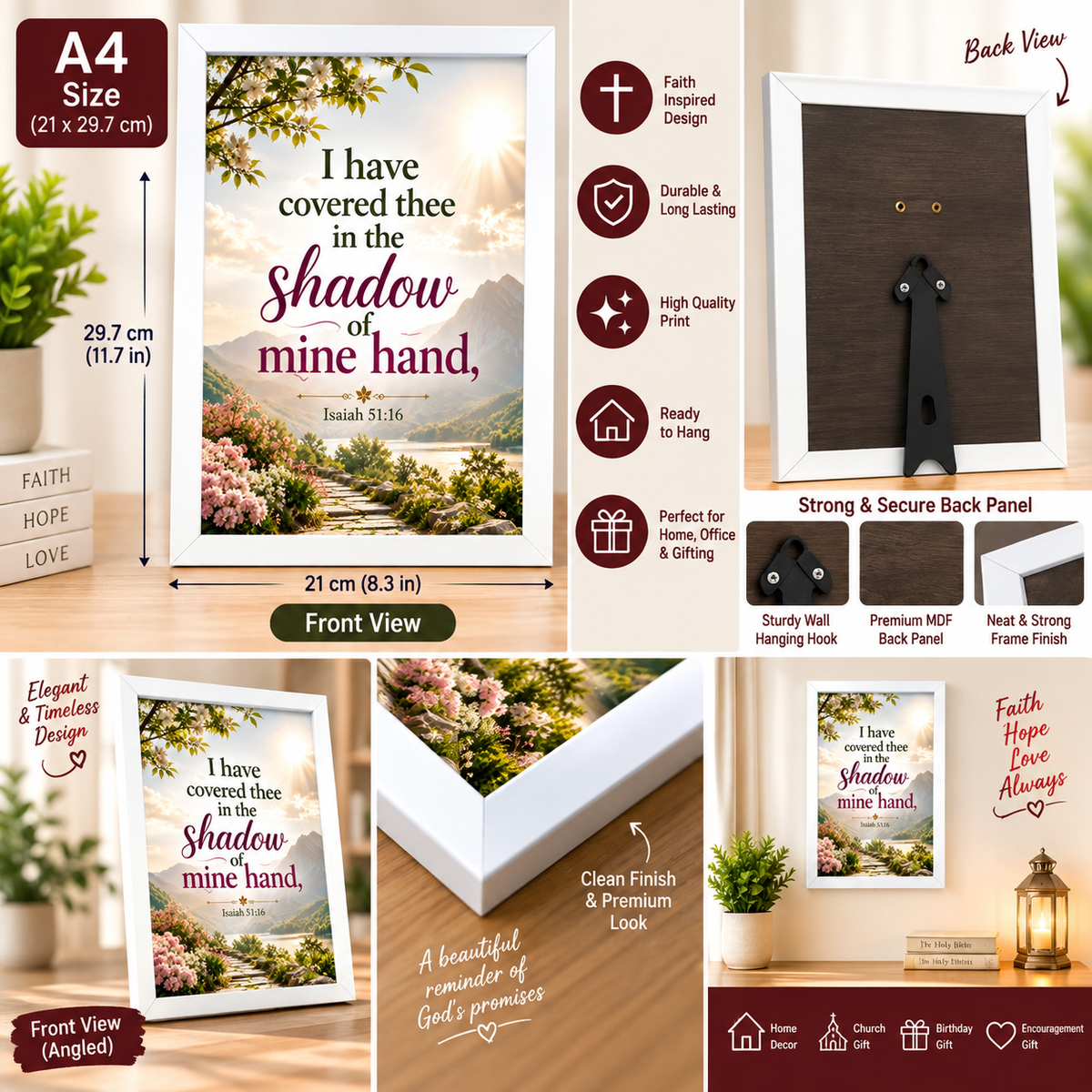 Bible Verse Frame – Isaiah 51:16 A4 – Shadow of Mine Hand – White