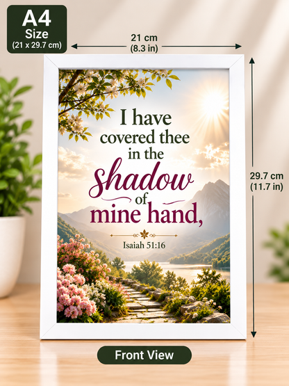 Bible Verse Frame – Isaiah 51:16 A4 – Shadow of Mine Hand – White