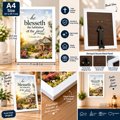 Bible Verse Frame – Proverbs 3:33 A4 – He Blesseth the Habitation – White