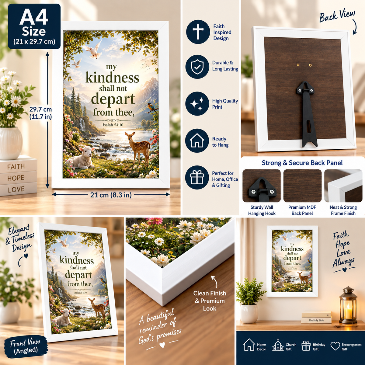 Bible Verse Frame – Isaiah 54:10 A4 – My Kindness Shall Not Depart – White