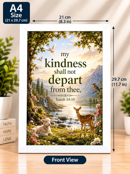 Bible Verse Frame – Isaiah 54:10 A4 – My Kindness Shall Not Depart – White