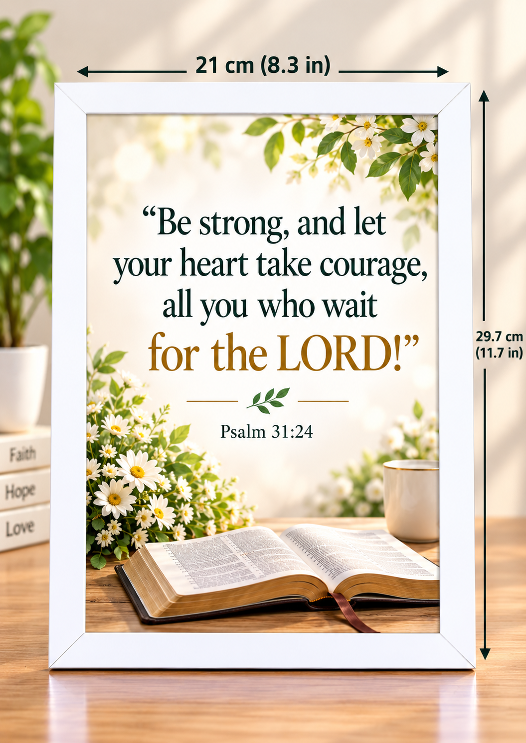 Bible Verse Frame – Psalm 31:24 – 21 × 29.7 cm – White Christian Wall Decor