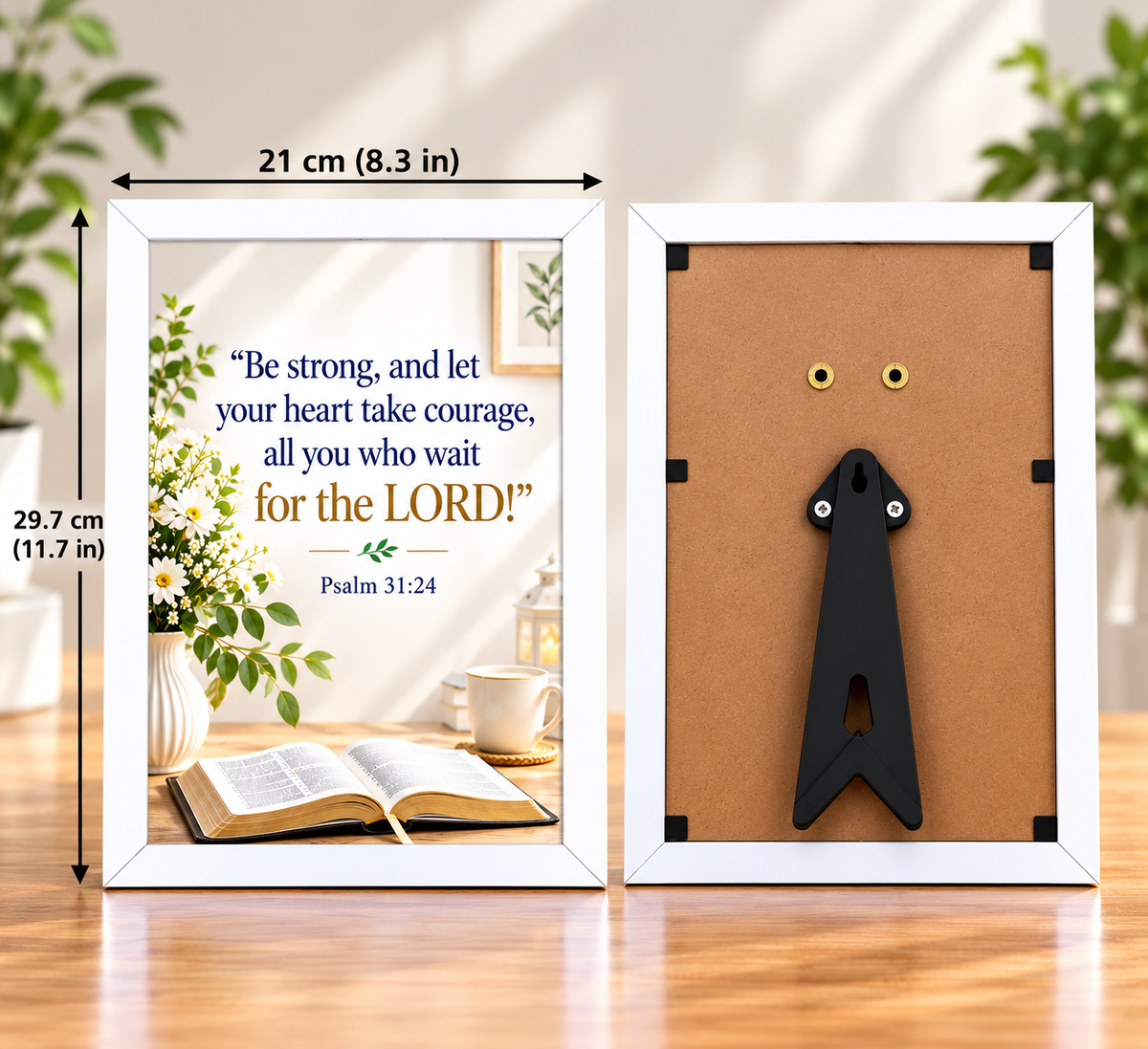 Bible Verse Frame – Psalm 31:24 – 21 × 29.7 cm – White Christian Wall Decor