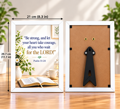 Bible Verse Frame – Psalm 31:24 – 21 × 29.7 cm – White Christian Wall Decor