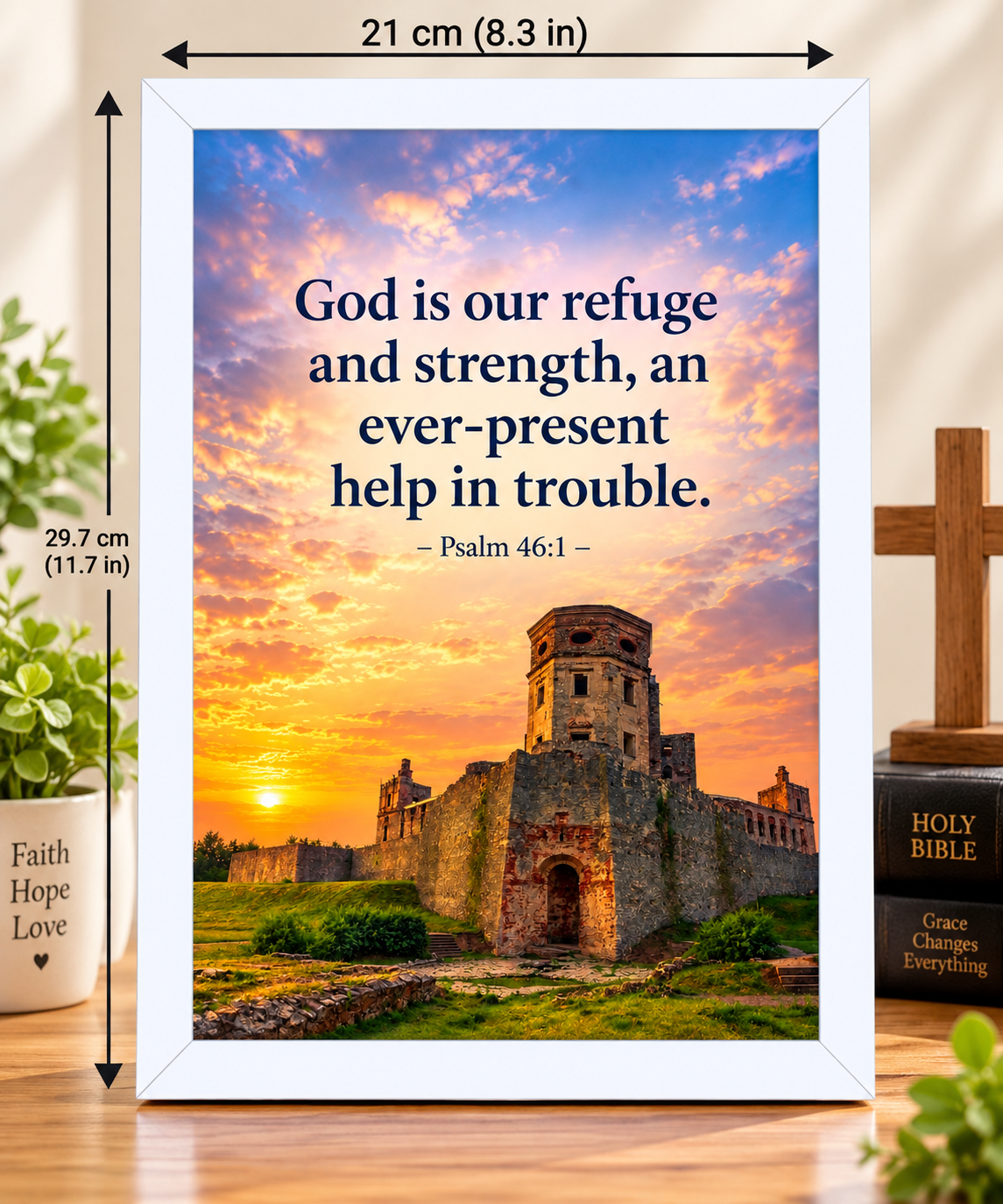 Bible Verse Frame – Psalm 46:1 White – A4