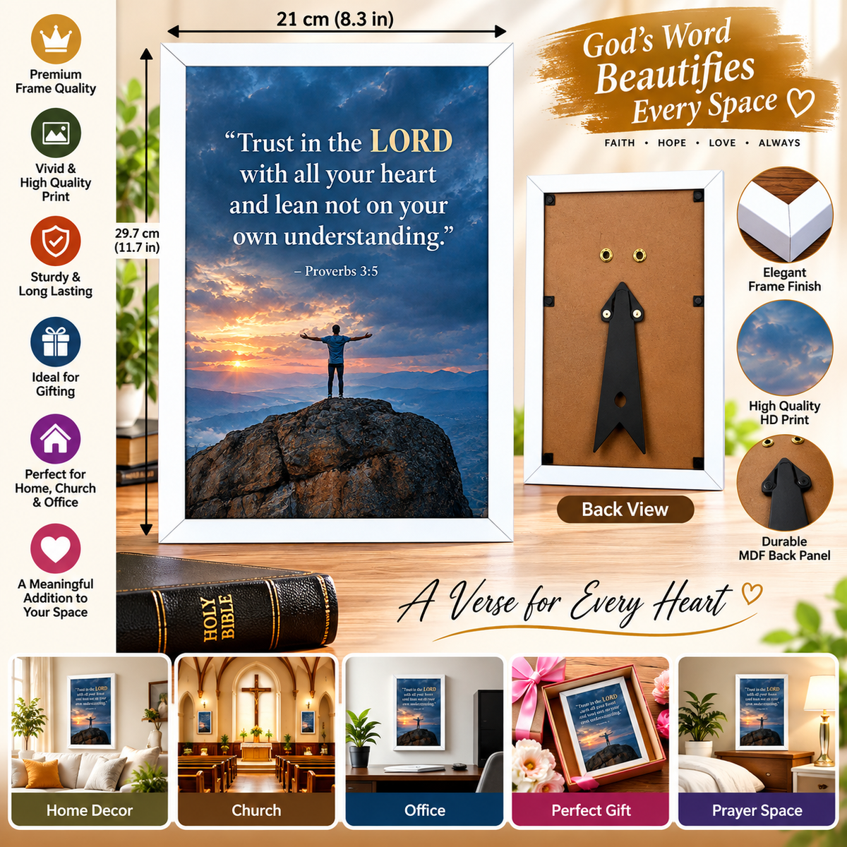 Bible Verse Frame – Proverbs 3:5 White – A4