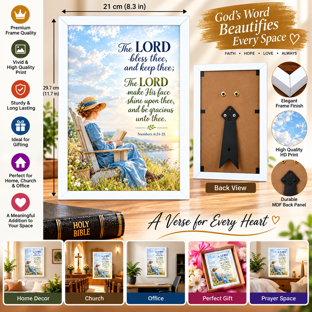 Bible Verse Frame – Numbers 6:24-25 White – A4