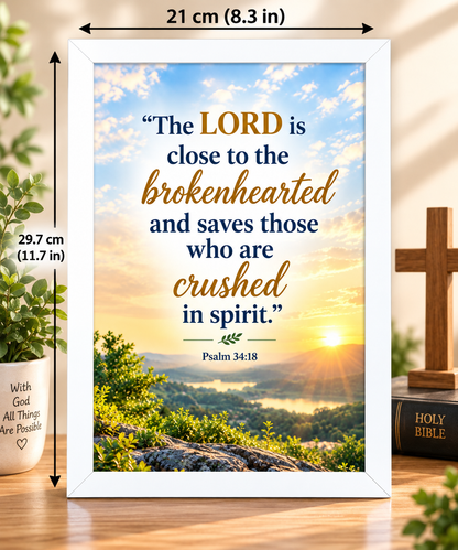 Bible Verse Frame – Psalm 34:18 White – A4