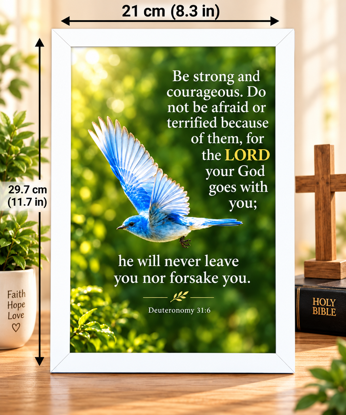Bible Verse Frame – Deuteronomy 31:6 – 21 × 29.7 cm – White