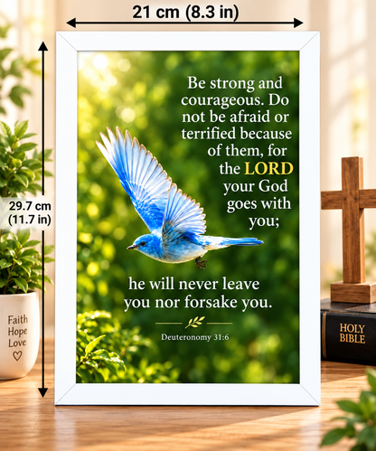 Bible Verse Frame – Deuteronomy 31:6 – 21 × 29.7 cm – White
