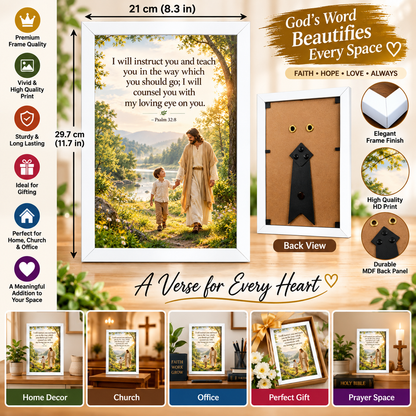 Bible Verse Frame – Psalm 32:8 White – A4