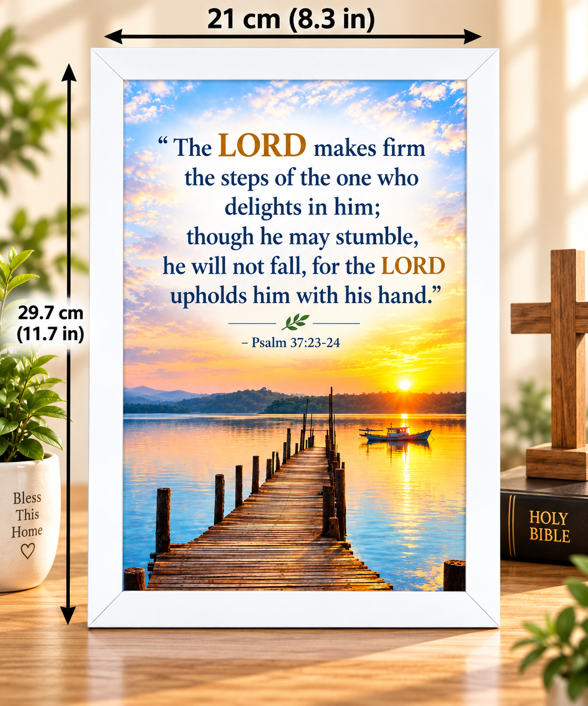 Bible Verse Frame – Psalm 37:23-24 White – A4
