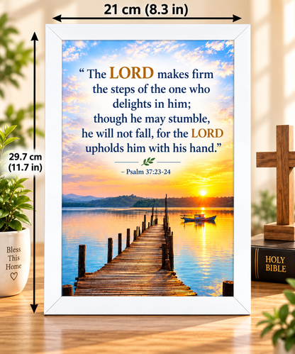 Bible Verse Frame – Psalm 37:23-24 White – A4