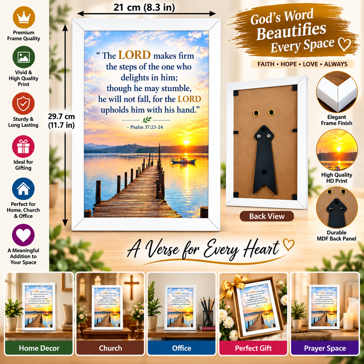 Bible Verse Frame – Psalm 37:23-24 White – A4