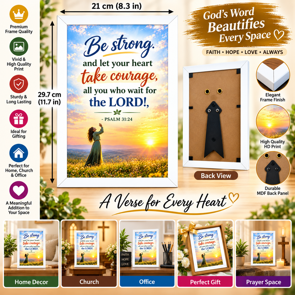 Bible Verse Frame – Psalm 31:24 – 21 × 29.7 cm – White