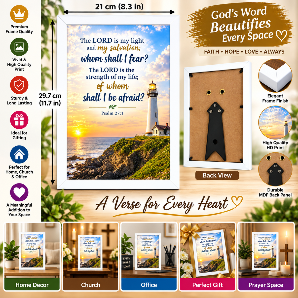 Bible Verse Frame – Psalm 27:1 – White Christian Wall Art – A4