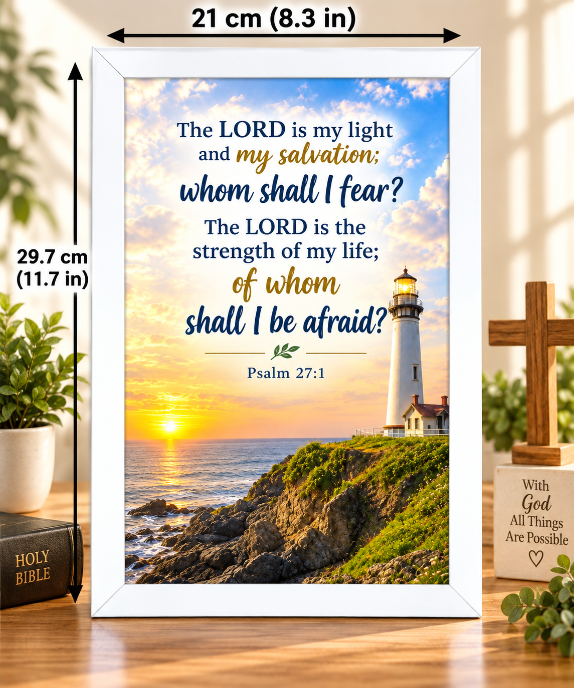 Bible Verse Frame – Psalm 27:1 – White Christian Wall Art – A4