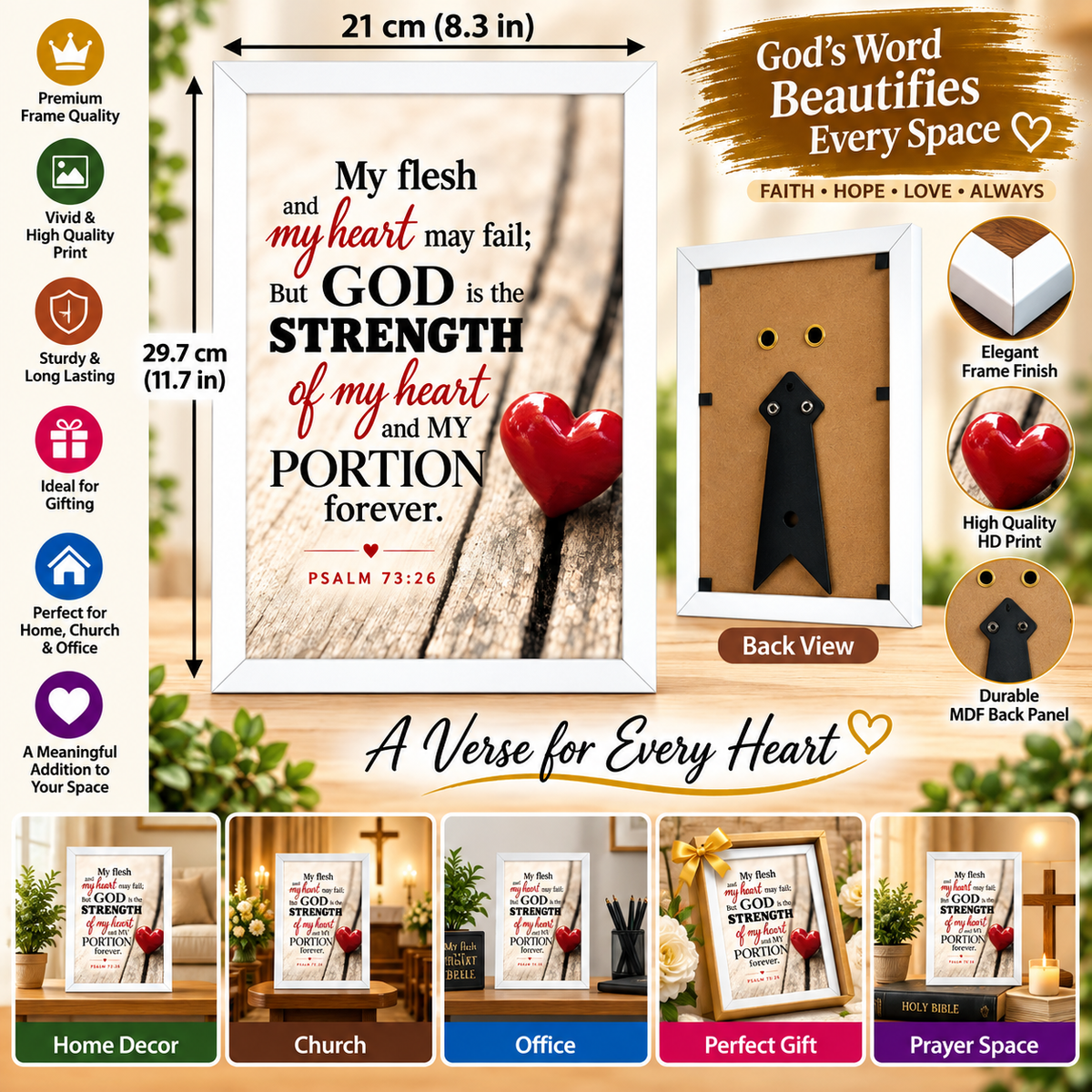 Bible Verse Frame – Psalm 73:26 – 21 × 29.7 cm – White