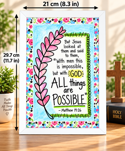 Bible Verse Frame – Matthew 19:26 – 21 × 29.7 cm – White
