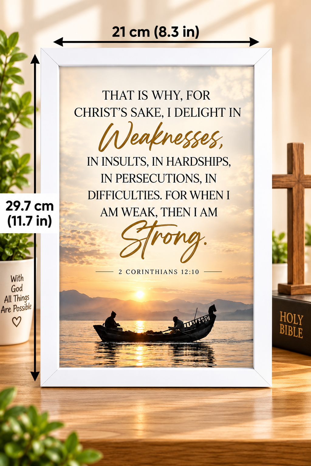Bible Verse Frame – 2 Corinthians 12:10 White – A4