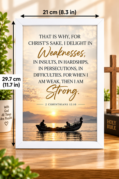 Bible Verse Frame – 2 Corinthians 12:10 White – A4