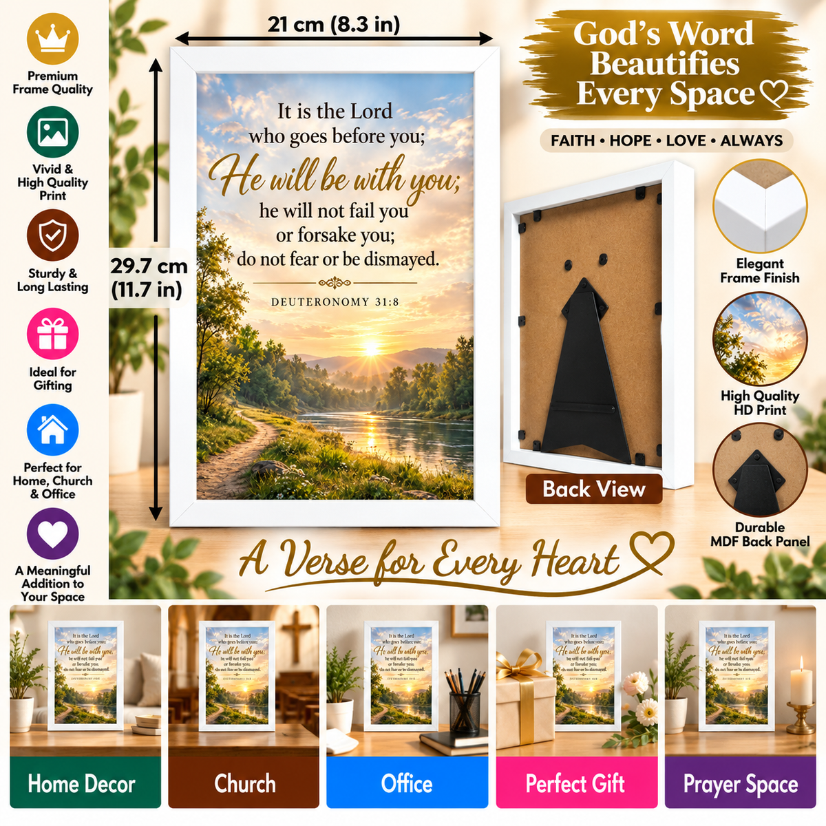 Bible Verse Frame – Deuteronomy 31:8 White – A4
