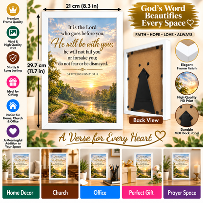 Bible Verse Frame – Deuteronomy 31:8 White – A4