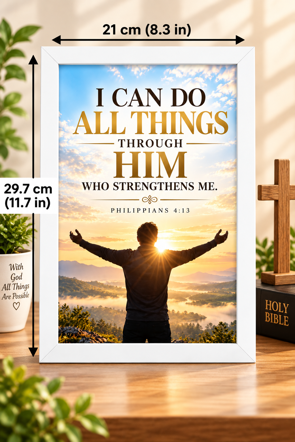Bible Verse Frame – Philippians 4:13 – White Portrait Christian Wall Decor – A4