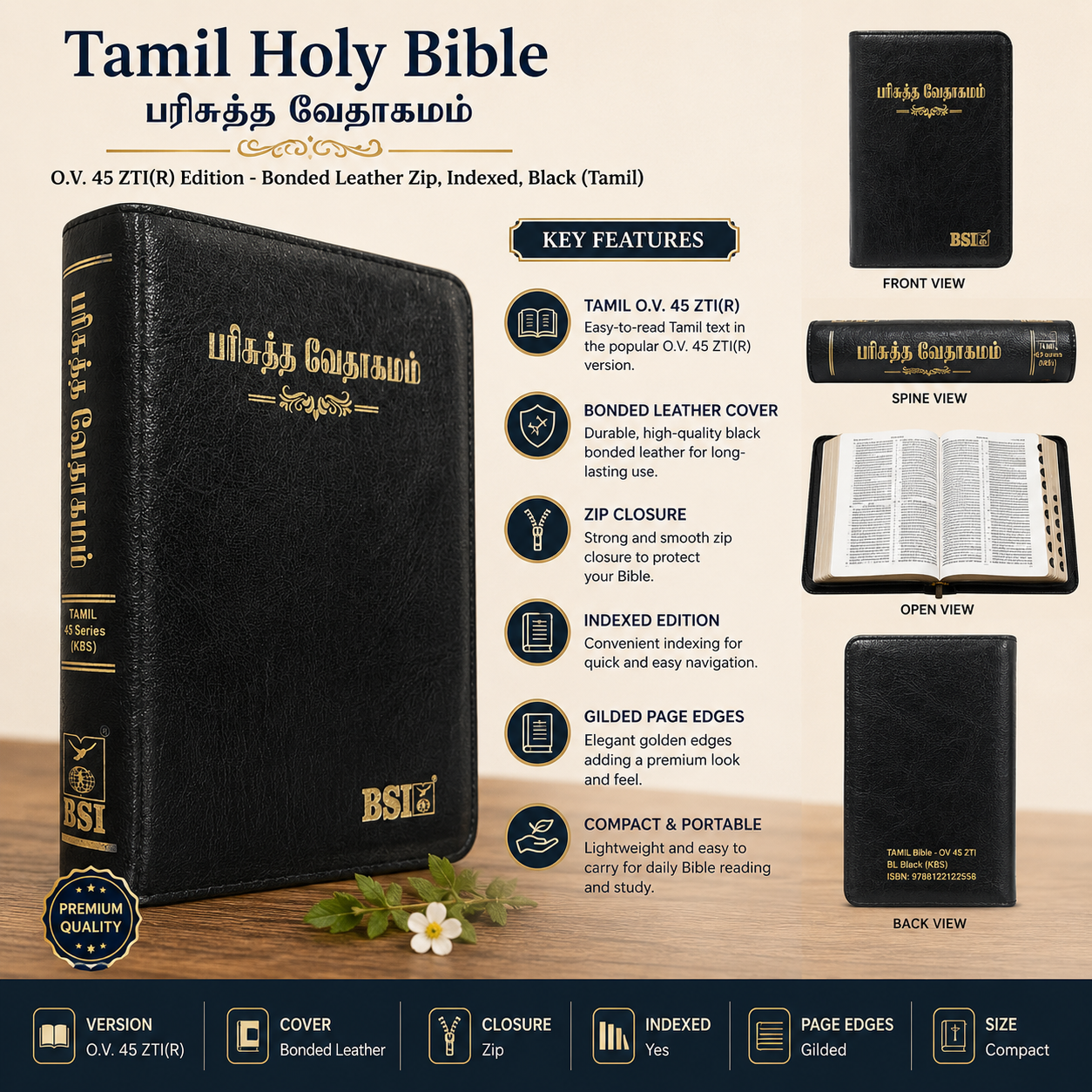 Tamil Holy Bible O.V. 45 ZTI(R) Edition - Bonded Leather Zip, Indexed, Black (Tamil) | Tamil Bible, Holy Bible