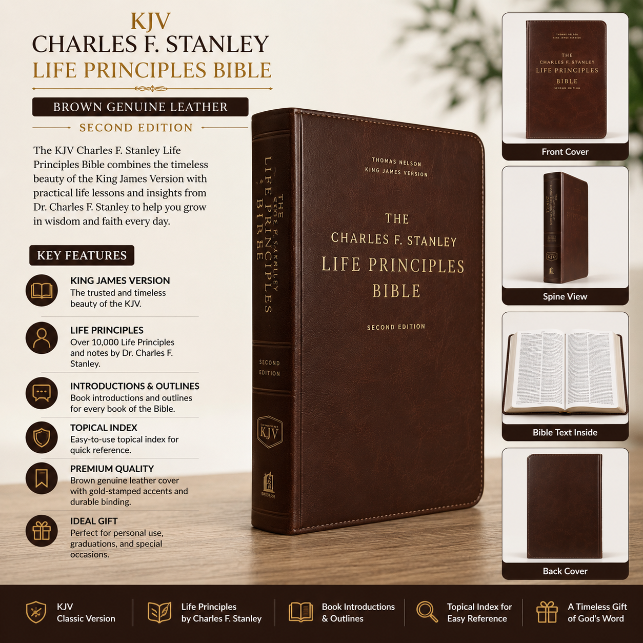 KJV Charles F. Stanley Life Principles Bible - Brown Genuine Leather (King James Version) | Study Bible, Reference Bible | Holy Bible