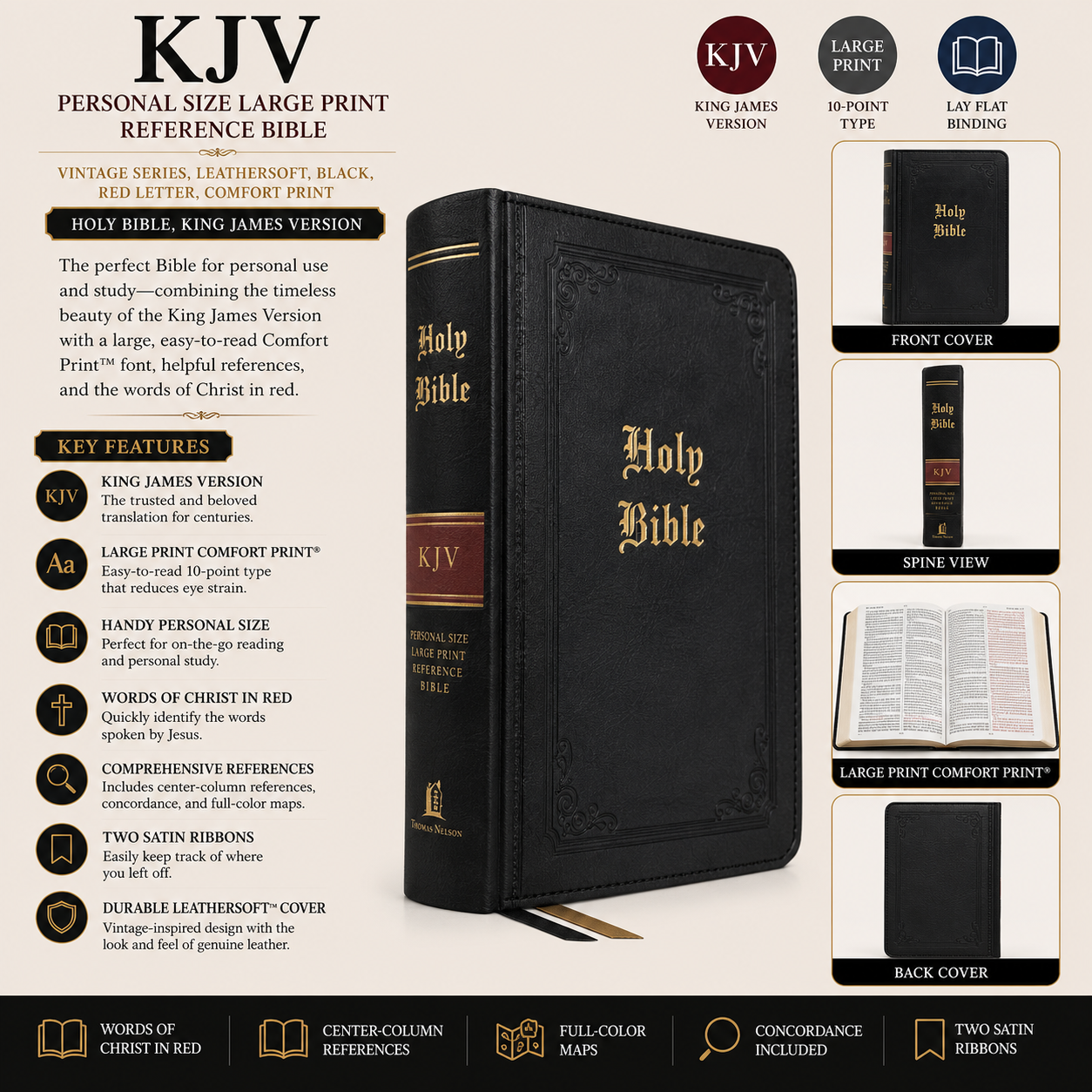 KJV Personal Size Large Print Reference Bible - Vintage Series, Leathersoft, Black, Red Letter, Comfort Print | Study Bible, Reference Bible | Holy