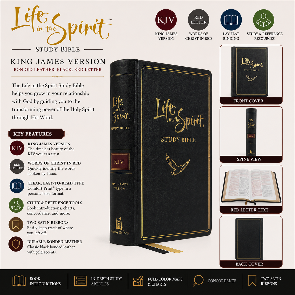 KJV Life in the Spirit Study Bible - Bonded Leather, Black, Red Letter (Thomas Nelson) | Study Bible, Reference Bible | Holy Bible
