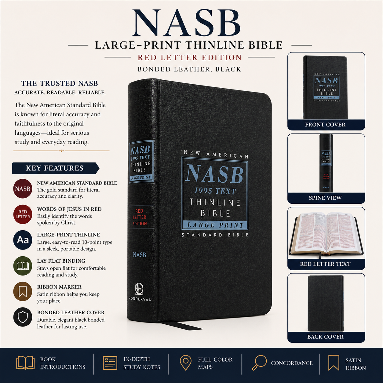 NASB Large-Print Thinline Bible, Red Letter Edition - Bonded Leather, Black (New American Standard Bible) | English Bible, Holy Bible