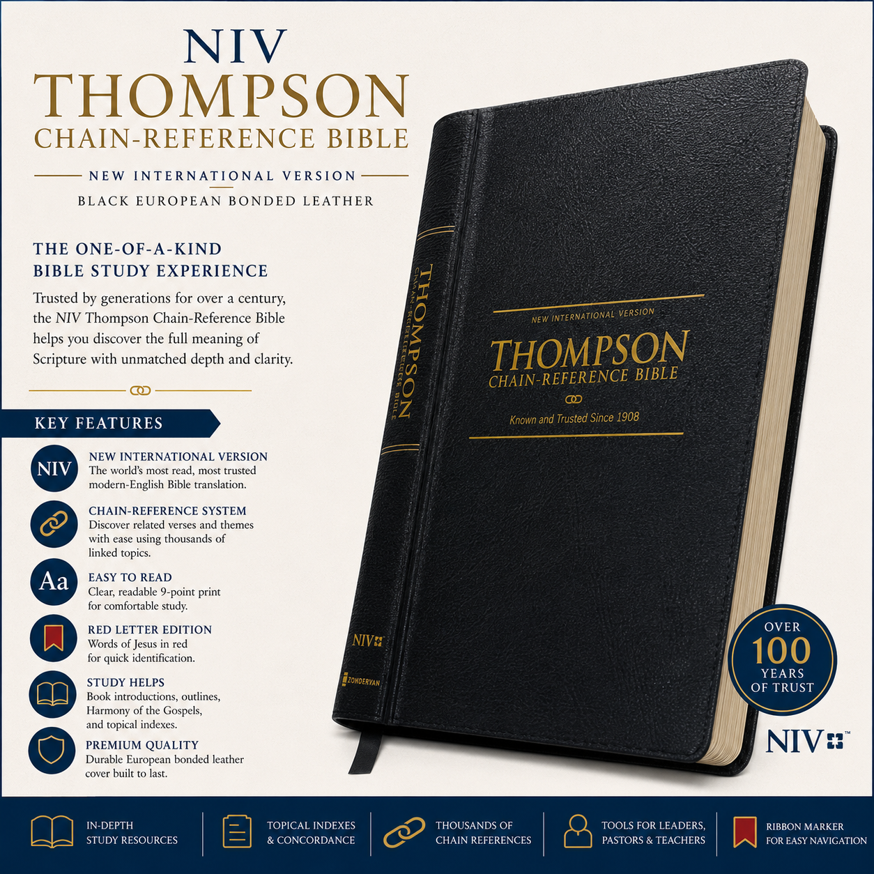 NIV Thompson Chain-Reference Bible - Black European Bonded Leather (New International Version) | Study Bible, Reference Bible | Holy Bible