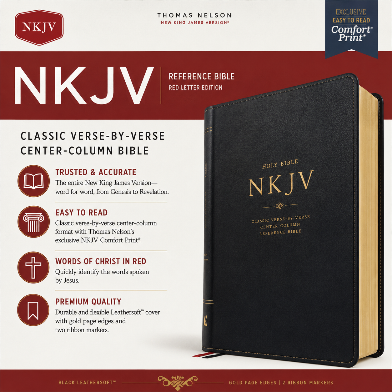NKJV, Reference Bible, Classic Verse-By-Verse, Center-Column, Leathersoft, Black, Red Letter Edition, Comfort Print | Study Bible, Reference Bible