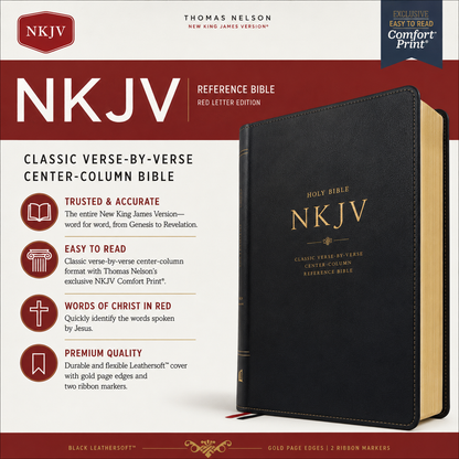 NKJV, Reference Bible, Classic Verse-By-Verse, Center-Column, Leathersoft, Black, Red Letter Edition, Comfort Print | Study Bible, Reference Bible