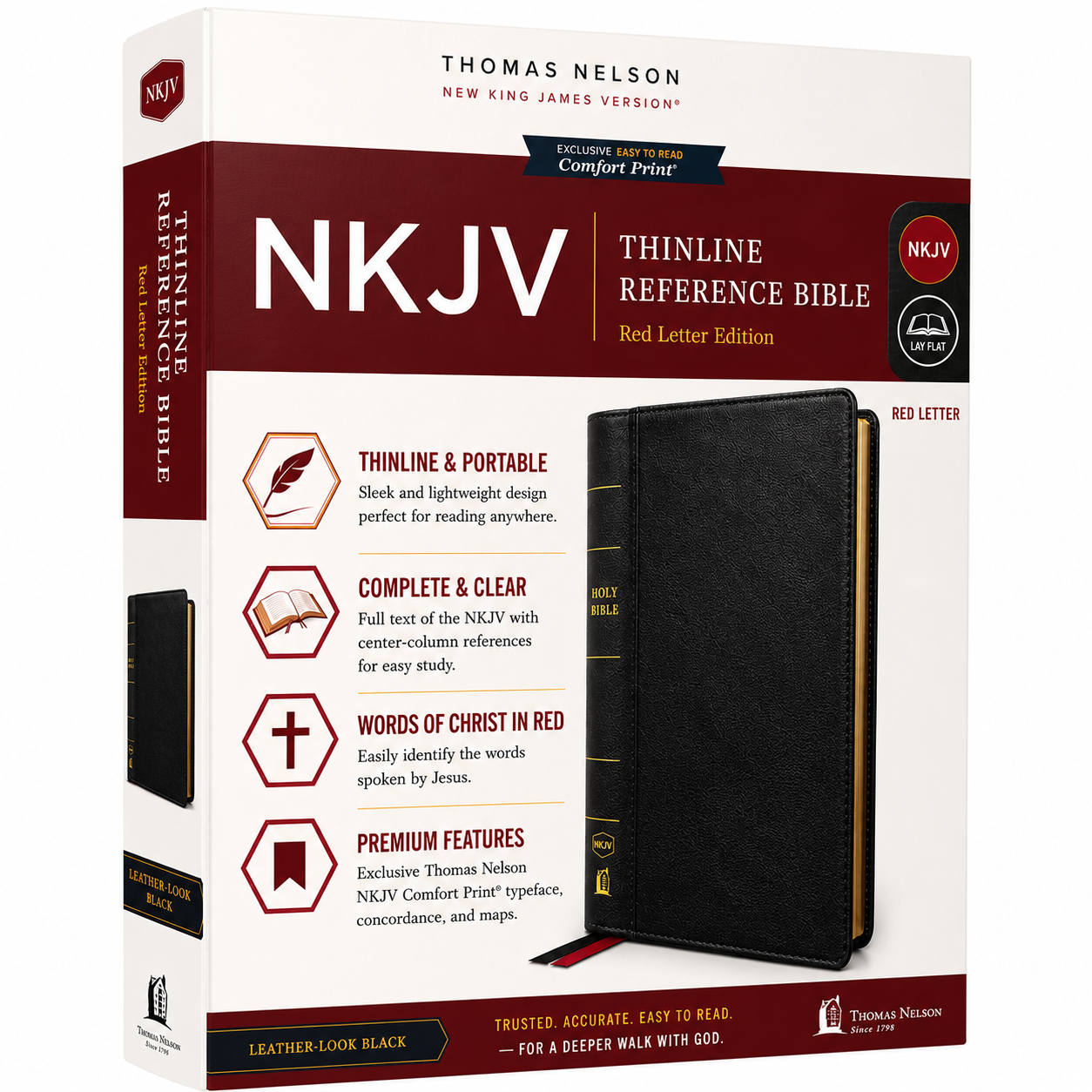 NKJV Thinline Reference Bible, Leather-Look, Burgundy, Red Letter Edition, Comfort Print | Study Bible, Reference Bible | Holy Bible