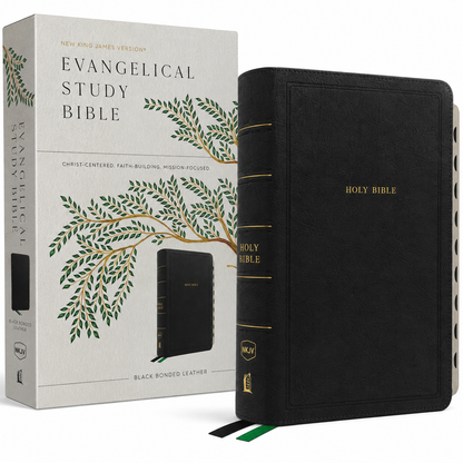 Evangelical Study Bible: Christ-Centered. Faith-Building. Mission-Focused. (NKJV, Black Bonded Leather, Red Letter, Thumb Indexed, Large Comfort